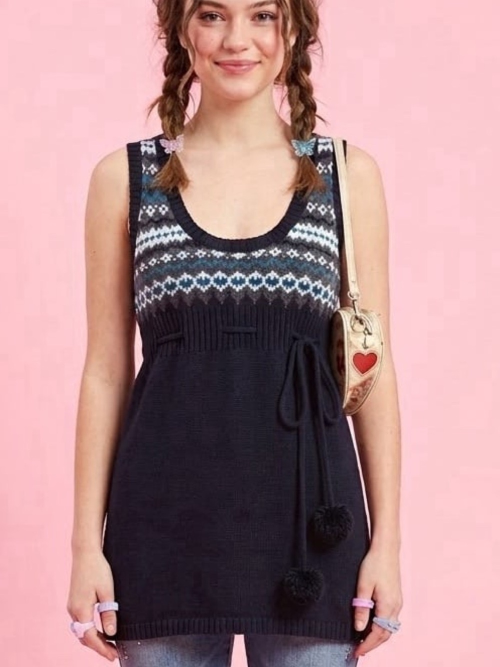 ARIZONA Black Sleeveless Sweater Tank Top Medium Vintage Y2K Pom Pom NWT